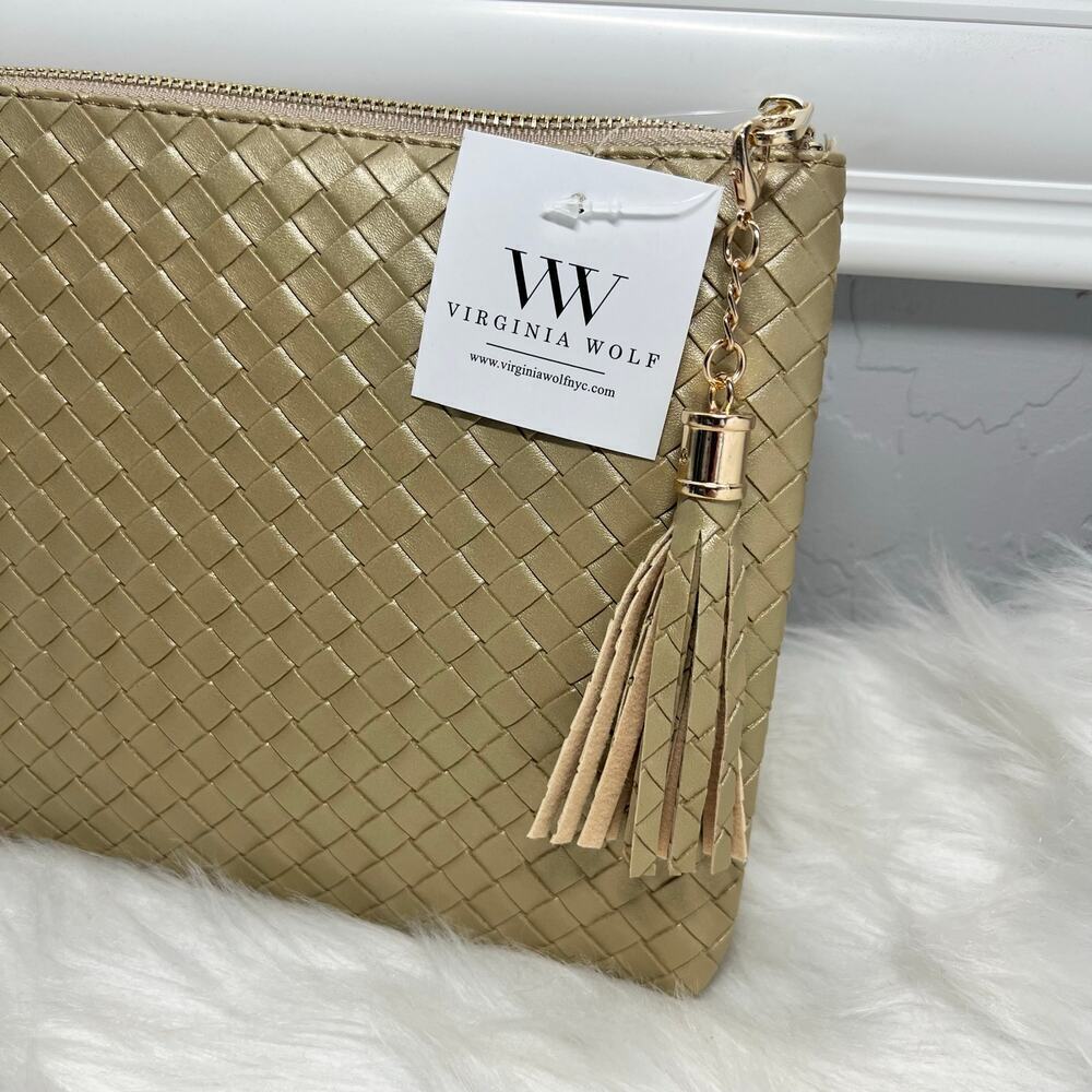 New Women’s Virginia Wolf Contemporary Woven Faux Leather Metallic Gold Clutch - Picture 2 of 5